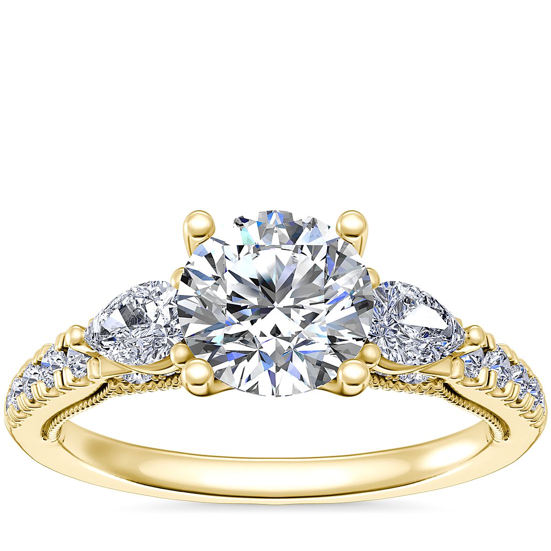Lace Bridge Three Stone and Pave Engagement Ring​ in Yellow Gold (1/2 t.w) | Nile